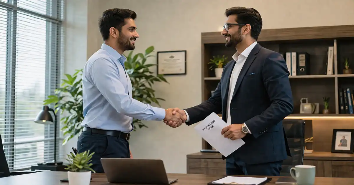 Professional handing in a resignation gracefully, maintaining good relationships